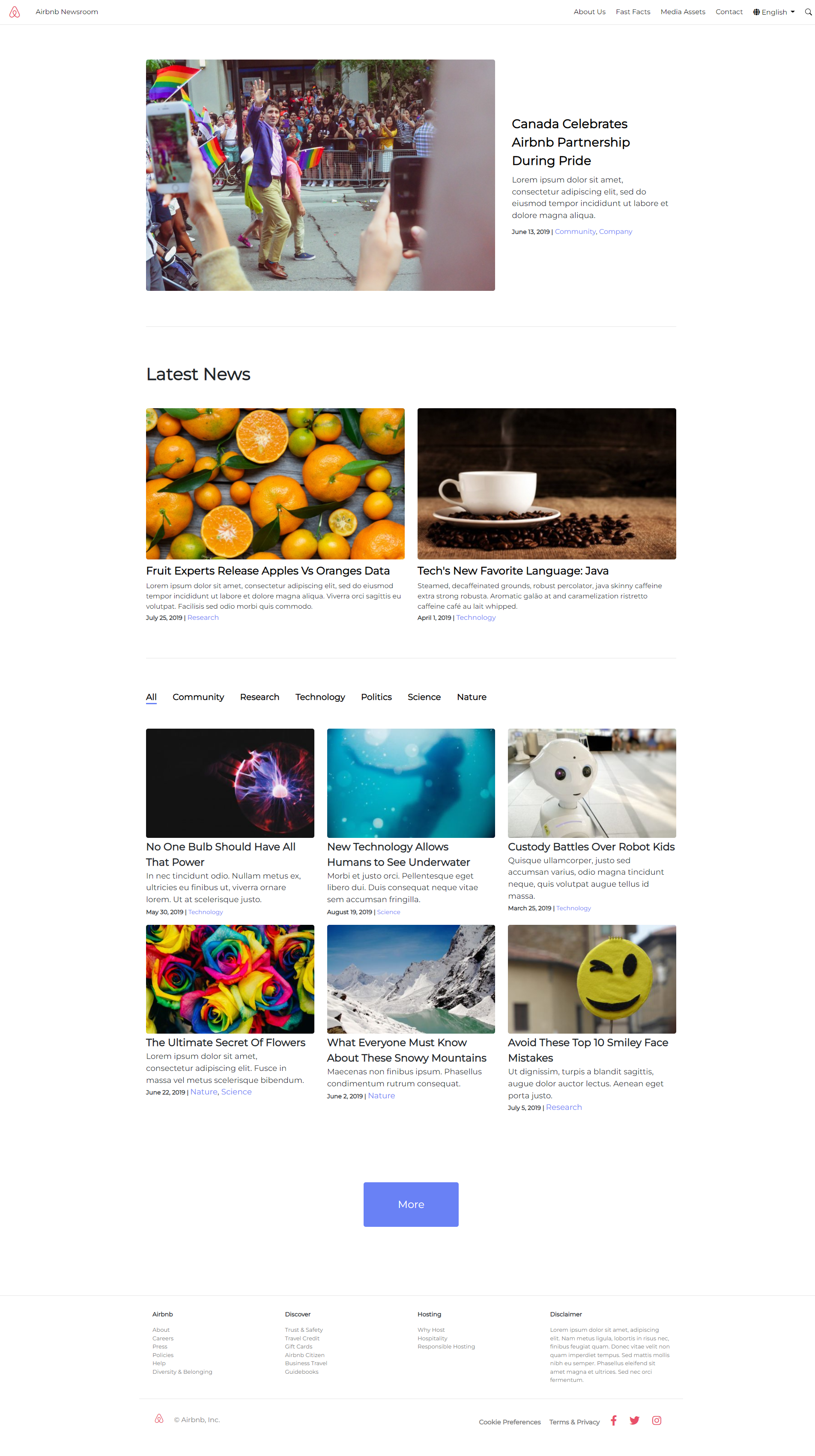 screenshot of AirBnB Press Homepage clone website